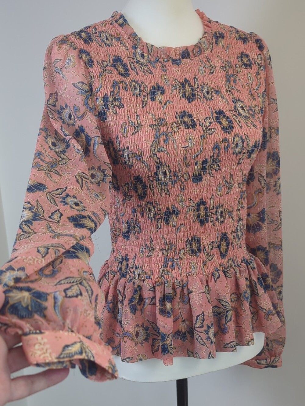 Patrons of Peace Boho Smocked Peplum Floral Blouse Pink Blue Cottagecore LARGE - Picture 5 of 13
